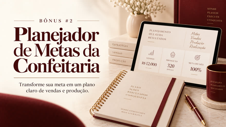 Mockup do Planejador de Metas da Confeitaria no celular e no computador